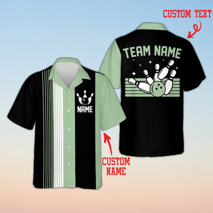 Green matching family hawaiian shirts with bowling design, front view