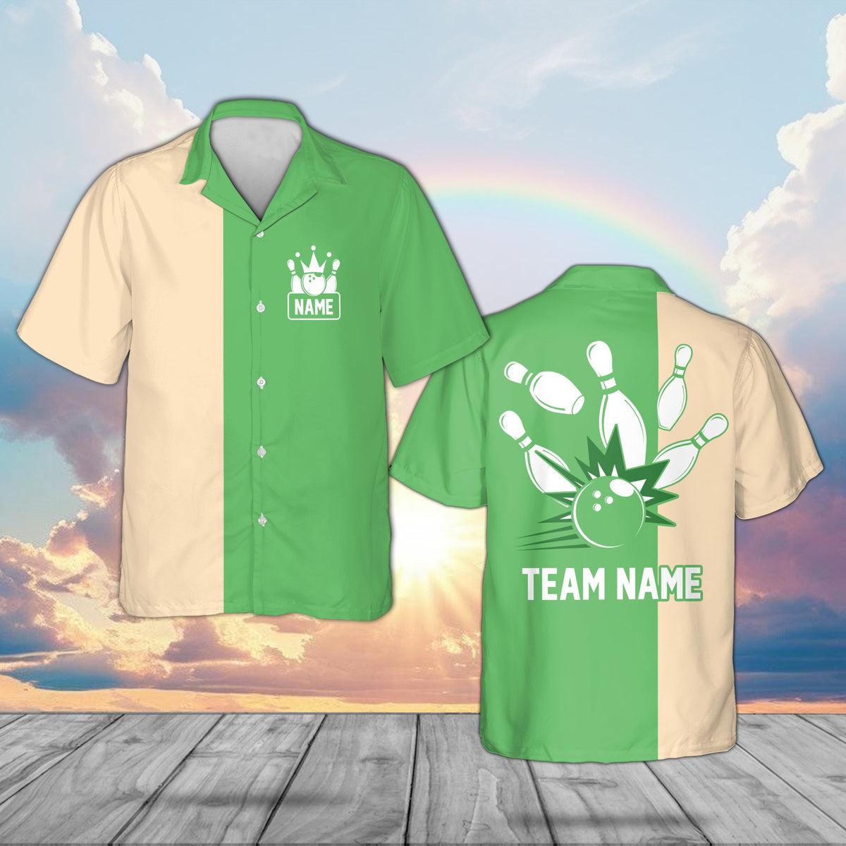 Personalized green bowling hawaiian shirt with custom name, front view