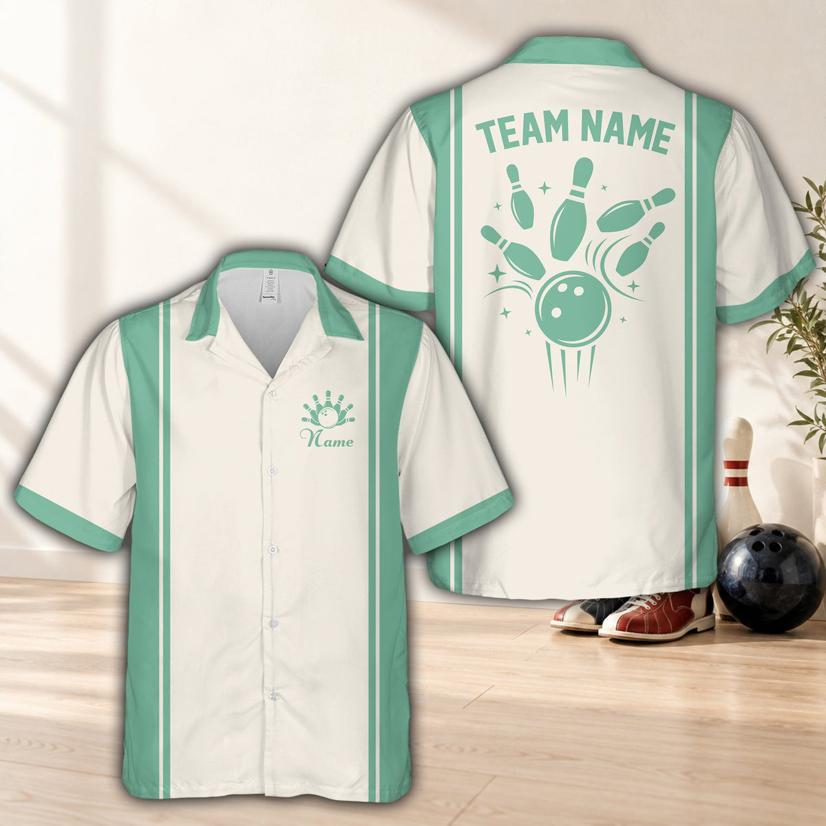 Green retro matching family hawaiian shirt with custom name, front view