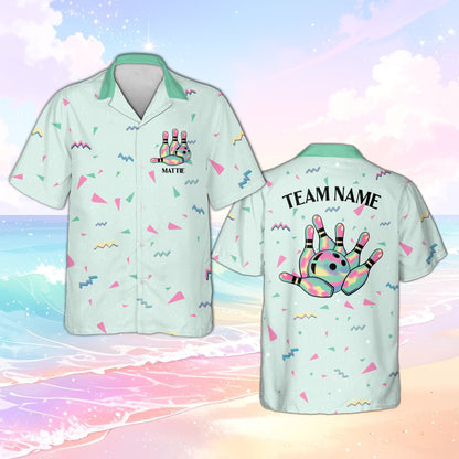 Green matching family hawaiian shirt with retro 90s bowling theme