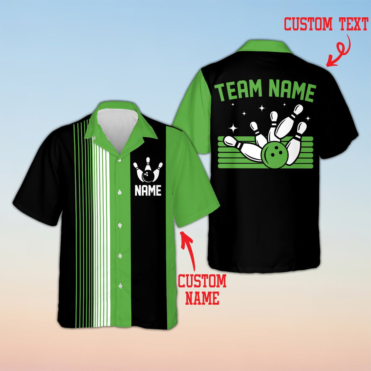 Green bowling hawaiian shirt custom design, front view
