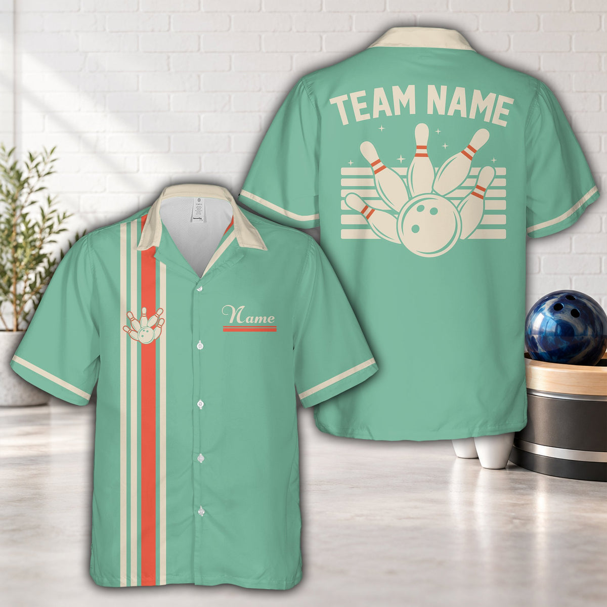 Green custom name and number hawaiian shirt front view