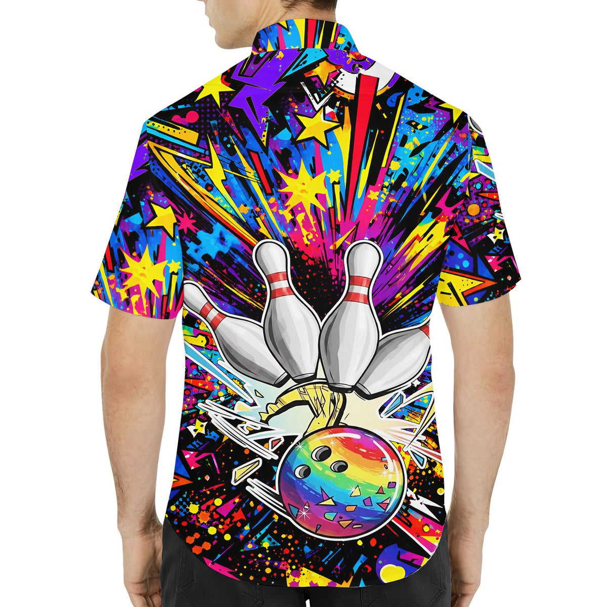 Alternate back view of the dark background bowling shirt