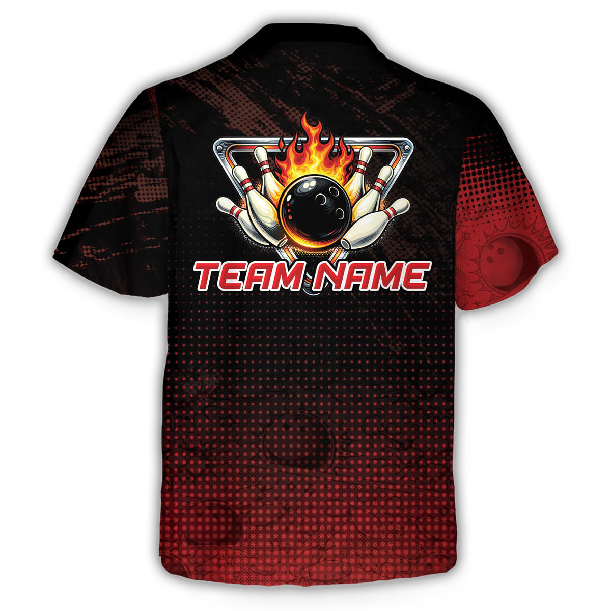 Back view of the bowling hawaiian shirt featuring flaming pins and custom text area