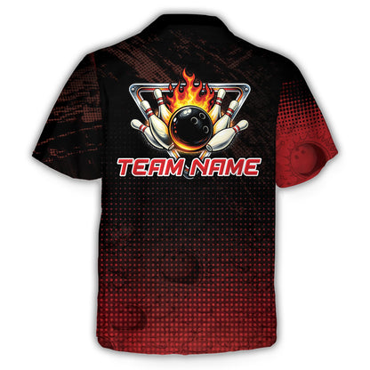 Back view of the bowling hawaiian shirt featuring flaming pins and custom text area