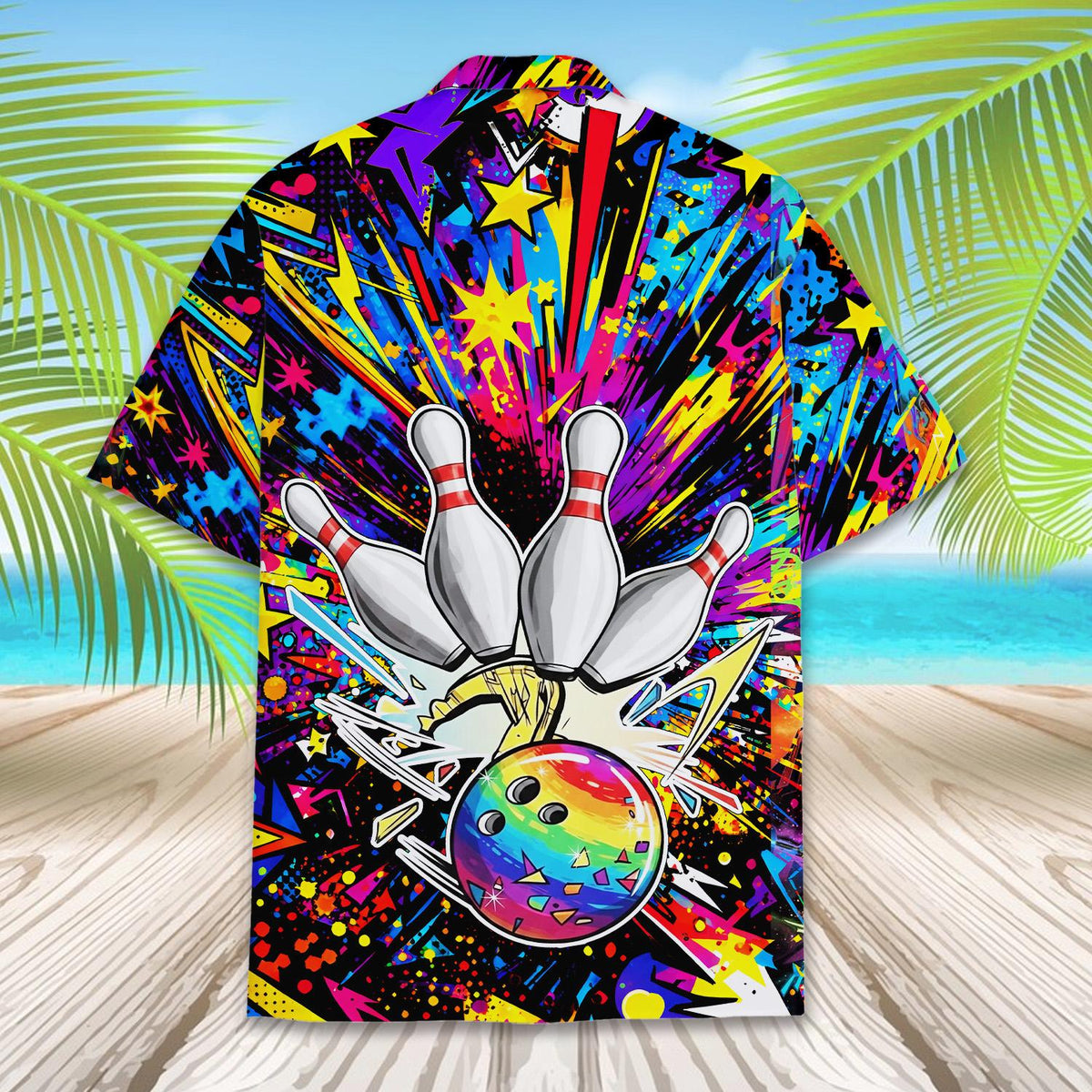 Back view of the colorful abstract bowling hawaiian shirt