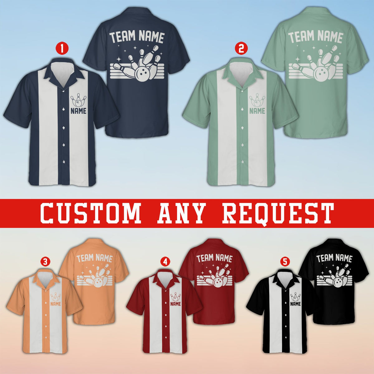 Multicolor matching family hawaiian shirts featuring retro bowling designs, front view