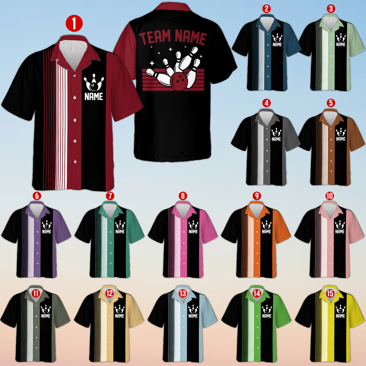 Multicolor personalized bowling hawaiian shirt, front view