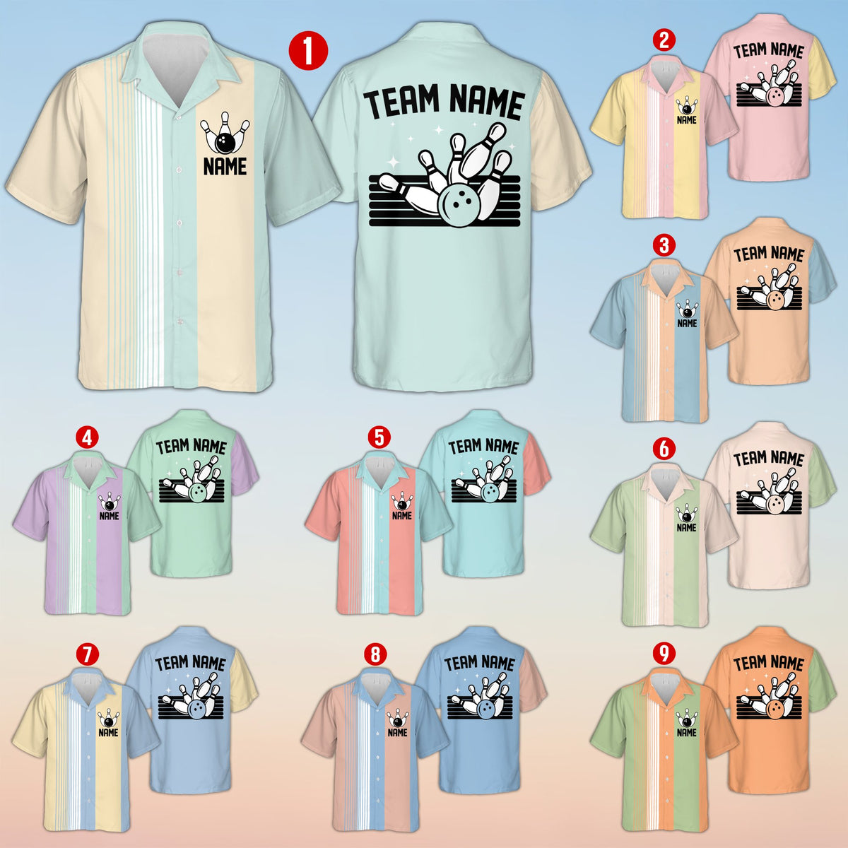 Personalized bowling hawaiian shirt with multicolor stripes and custom name, main view