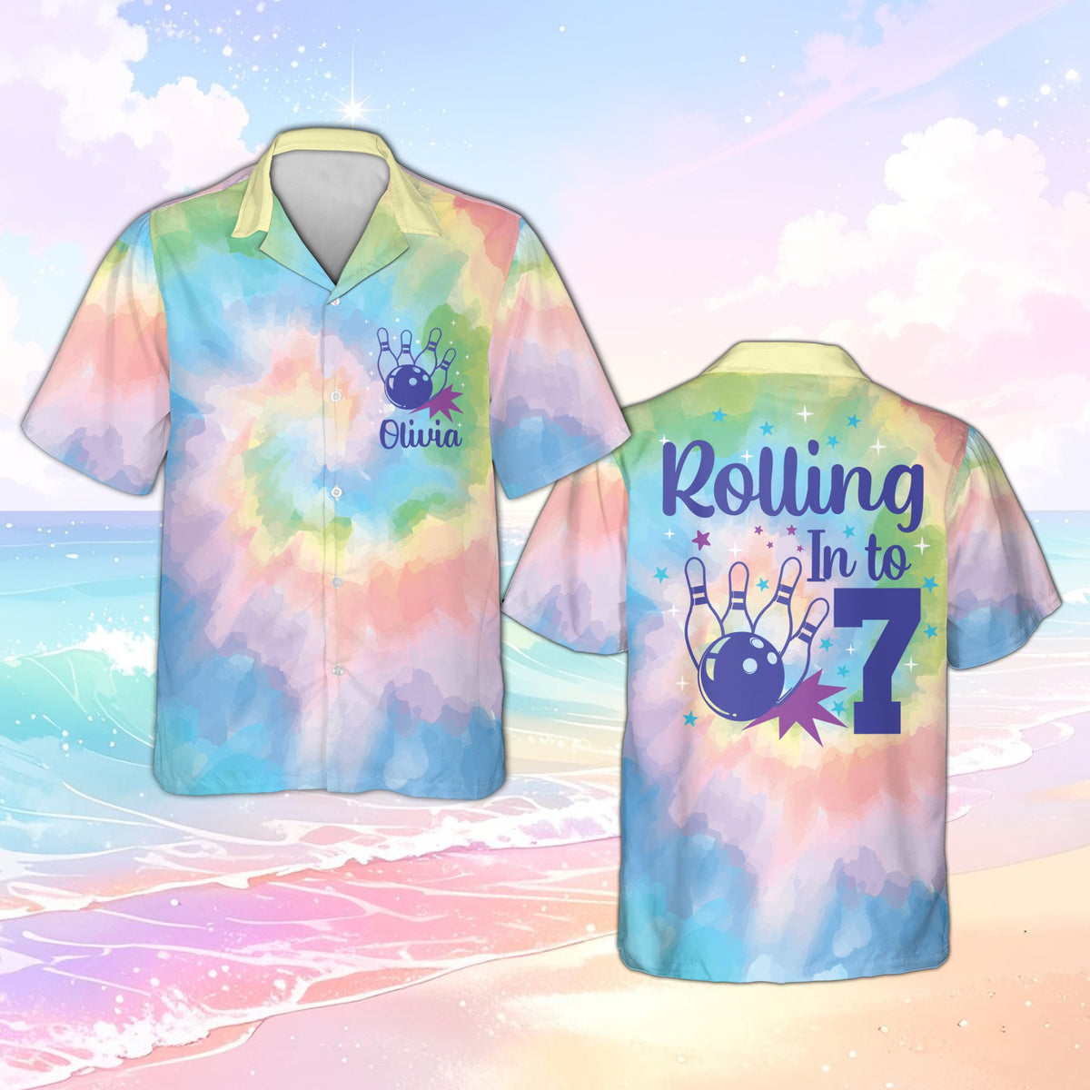 Main view of the personalized bowling hawaiian shirt in pastel tie-dye