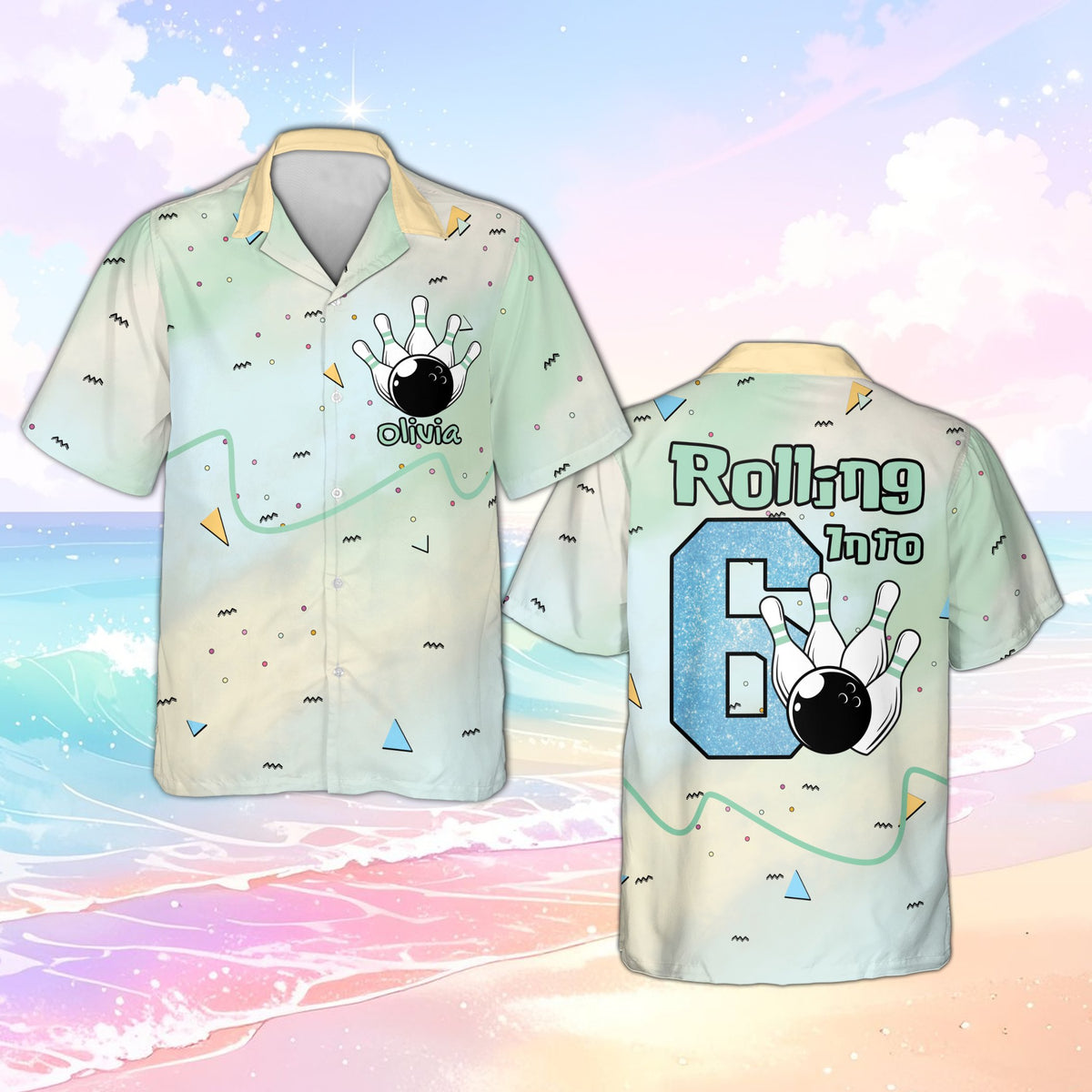 Front view of the pastel tie-dye bowling hawaiian shirt featuring squiggly lines and bowling pins