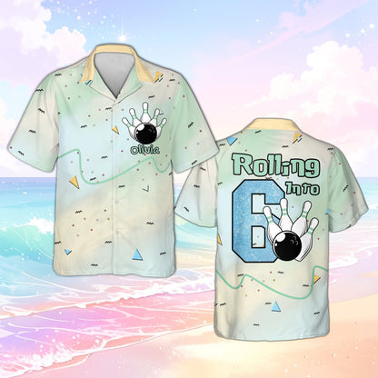 Main view of the retro 90s pastel bowling hawaiian shirt with custom name and number