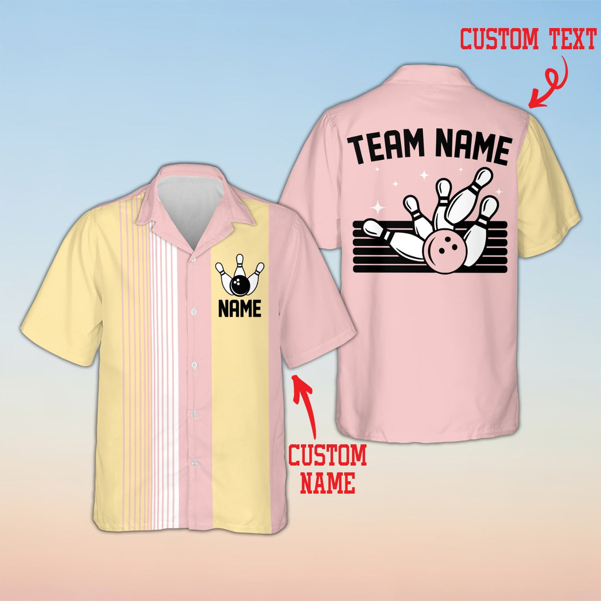 Personalized bowling hawaiian shirt with multicolor stripes and custom name, front view 2