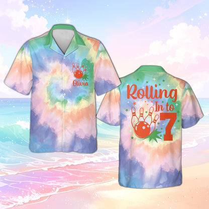 Detailed front view showing the bowling pins graphic and colorful abstract pattern