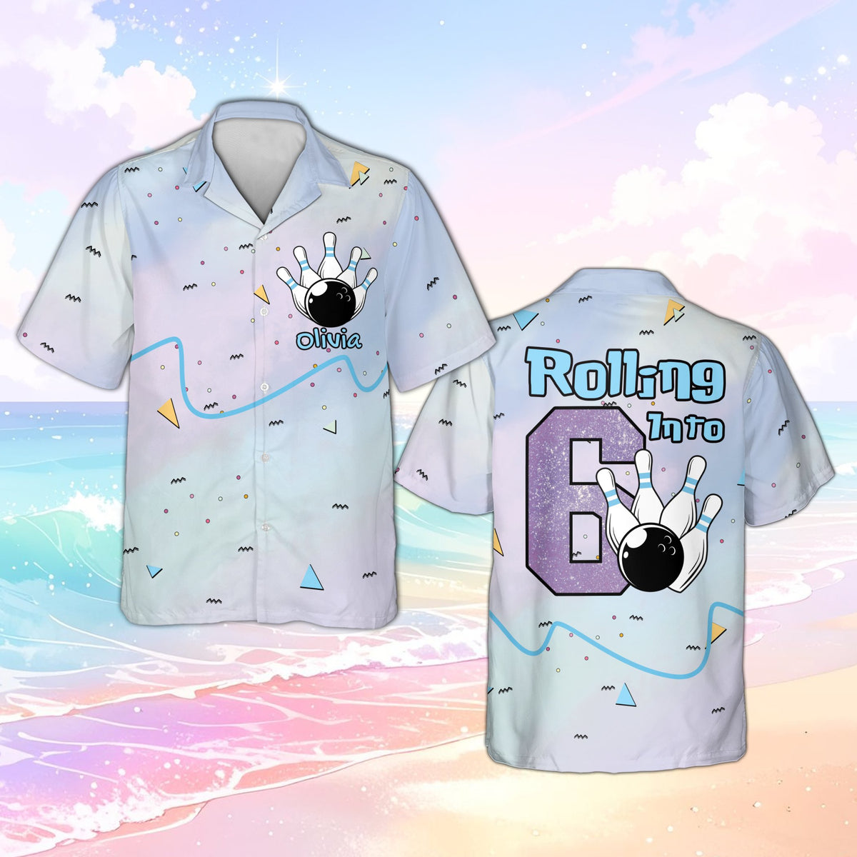 Additional front view of the abstract 90s retro bowling hawaiian shirt