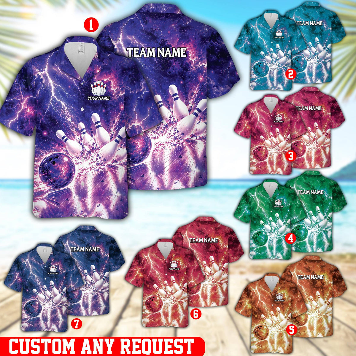 Close-up front view of the vibrant purple bowling hawaiian shirt