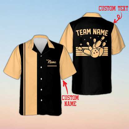 Front view of custom bowling hawaiian shirt featuring orange and black split stripes