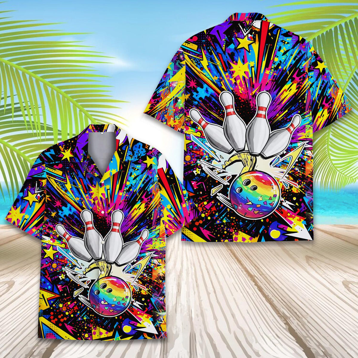 Another front view of the abstract neon bowling hawaiian shirt