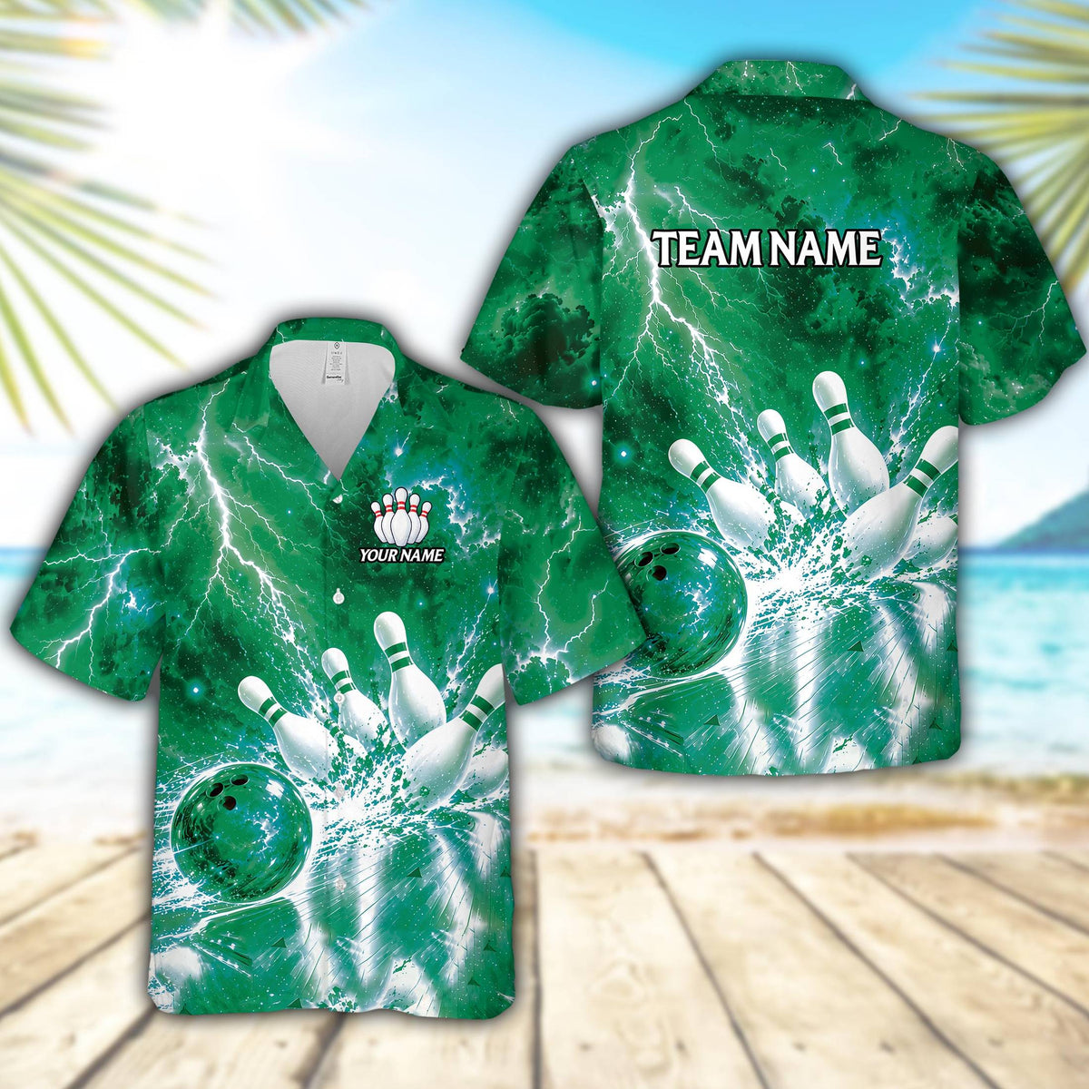 Main view of personalized purple bowling hawaiian shirt with custom name and number