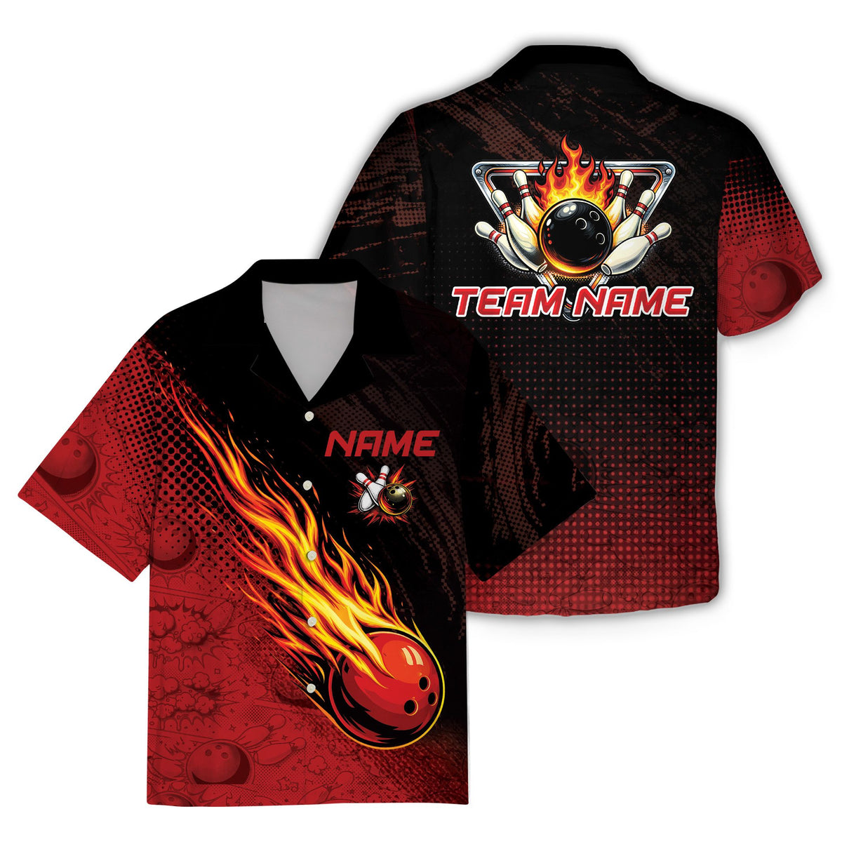 Red bowling hawaiian shirt with flaming bowling ball design and pop art dots