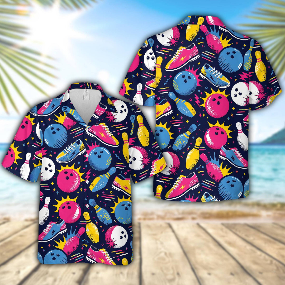 Front view of the navy retro bowling hawaiian shirt with vibrant pins and bowling balls
