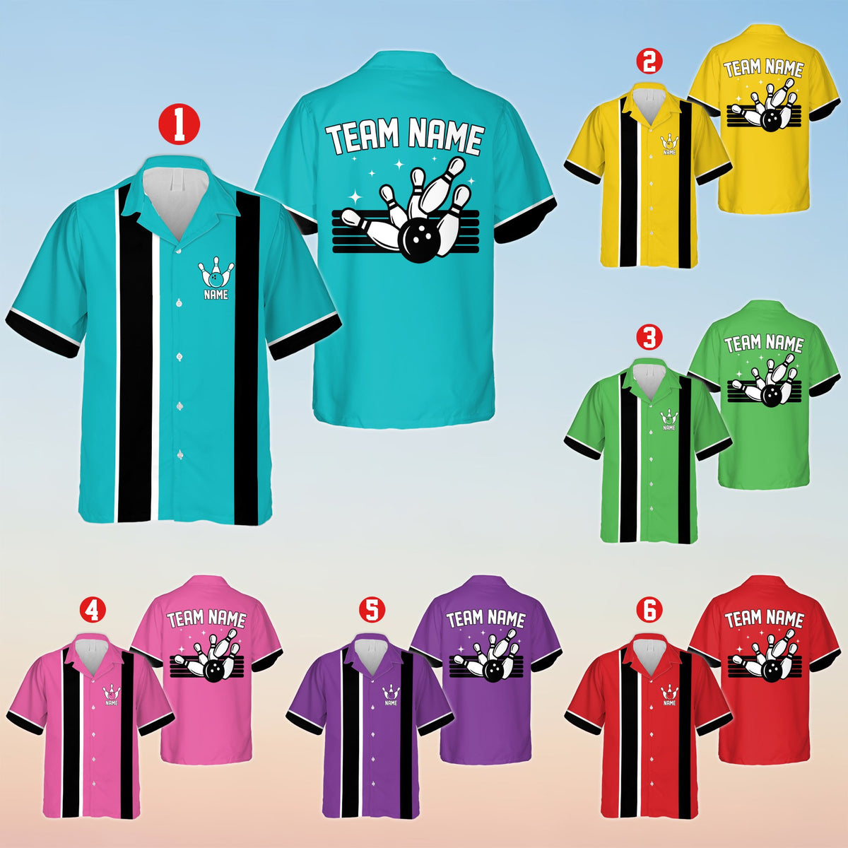 Multicolor matching family Hawaiian shirt with bowling design, front view