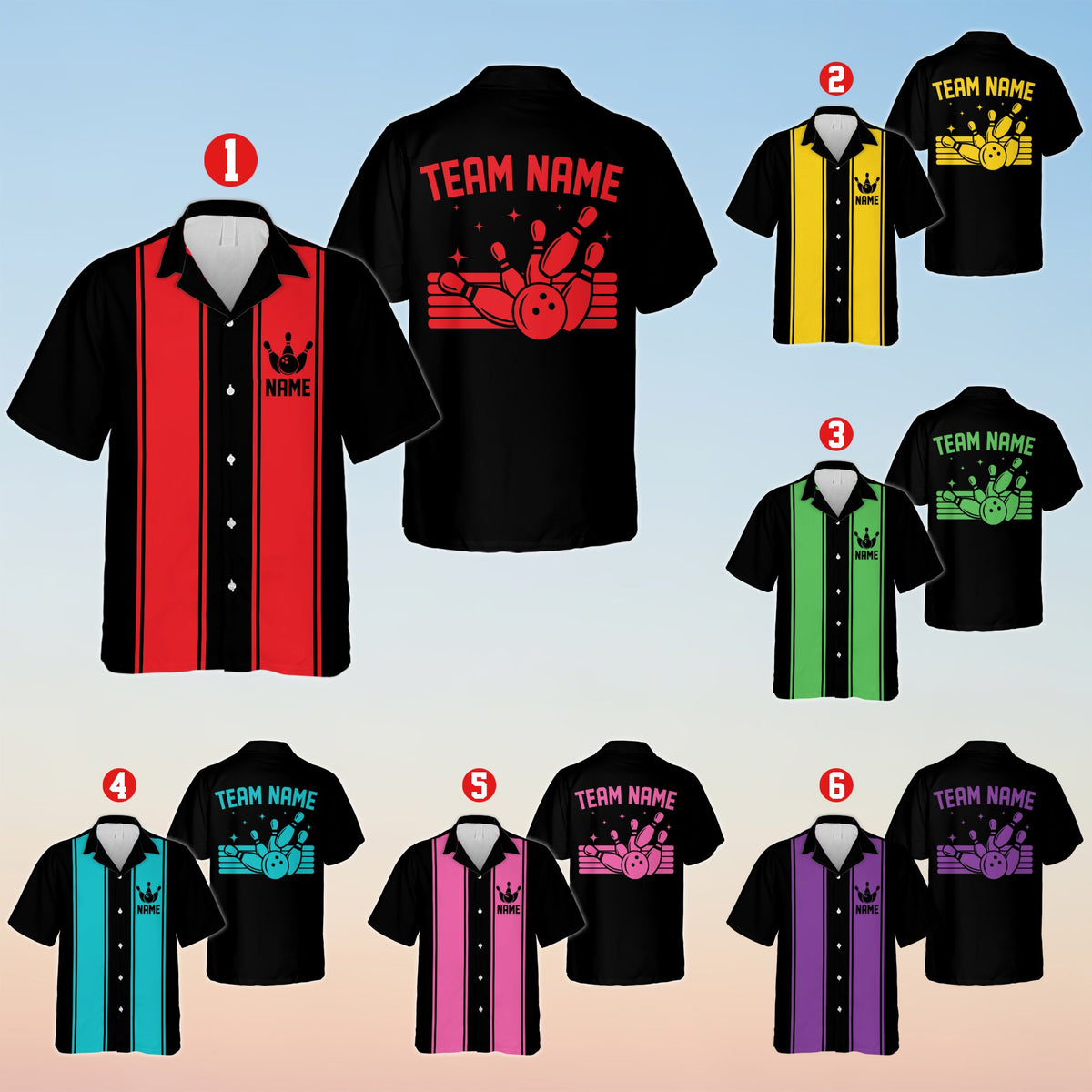 Multicolor personalized bowling hawaiian shirt for matching family, front view