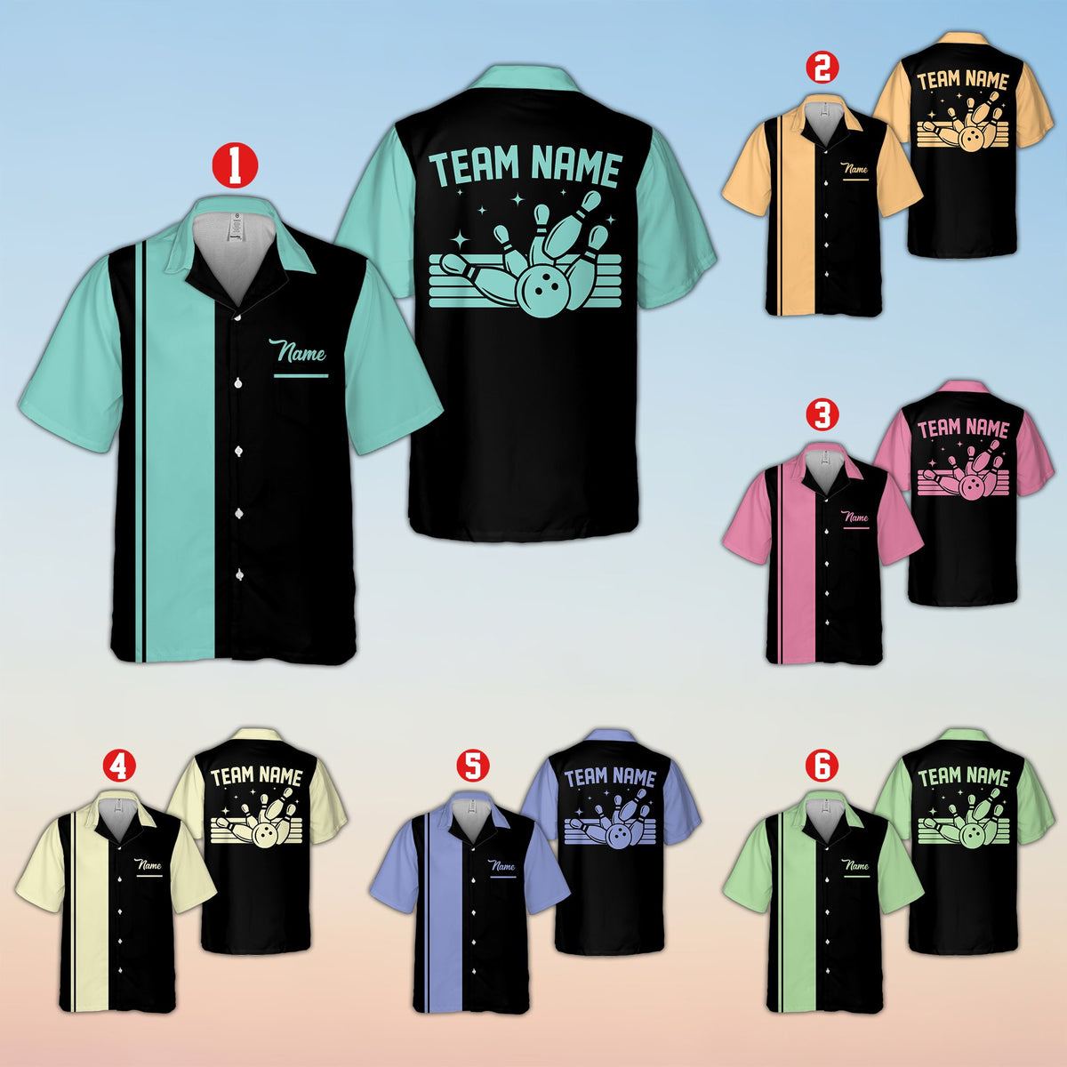 Main view of personalized split-color bowling hawaiian shirt with custom name and number