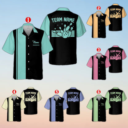 Main view of personalized split-color bowling hawaiian shirt with custom name and number