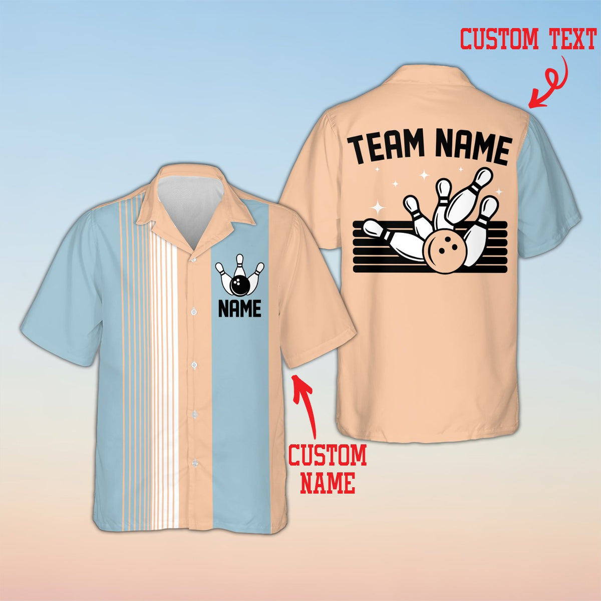 Personalized bowling hawaiian shirt with multicolor stripes and custom name, front view 3