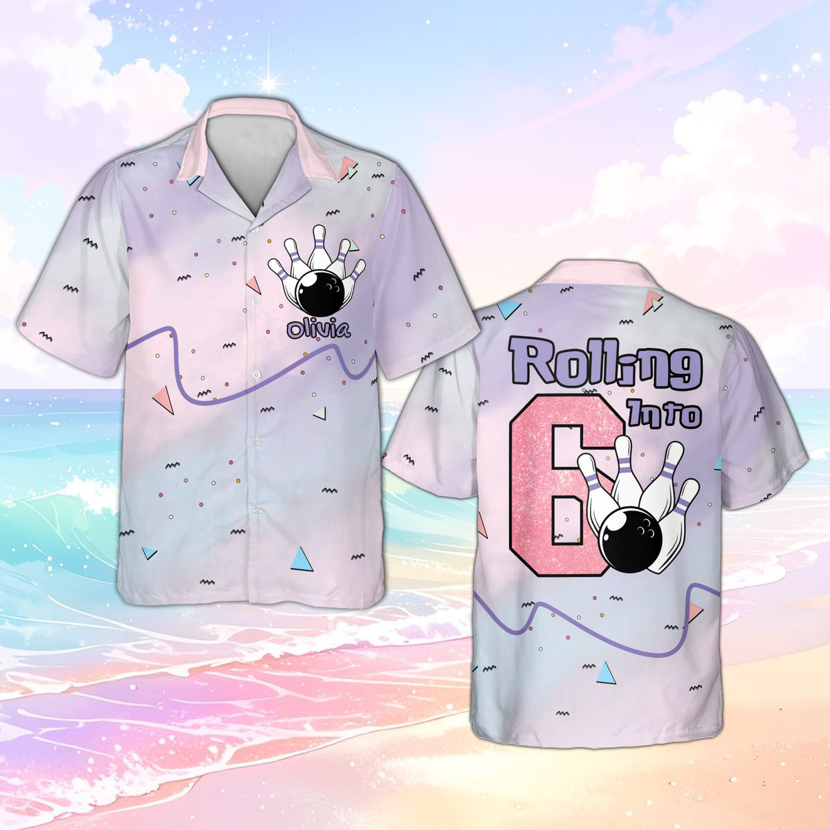 Detailed front view showing the bowling ball crashing into pins design on the hawaiian shirt