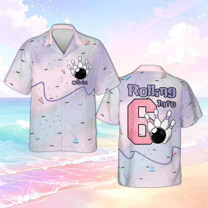 Detailed front view showing the bowling ball crashing into pins design on the hawaiian shirt