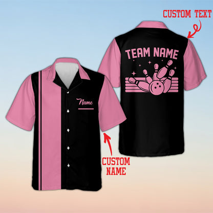 Front view of custom bowling hawaiian shirt featuring pink and black split stripes