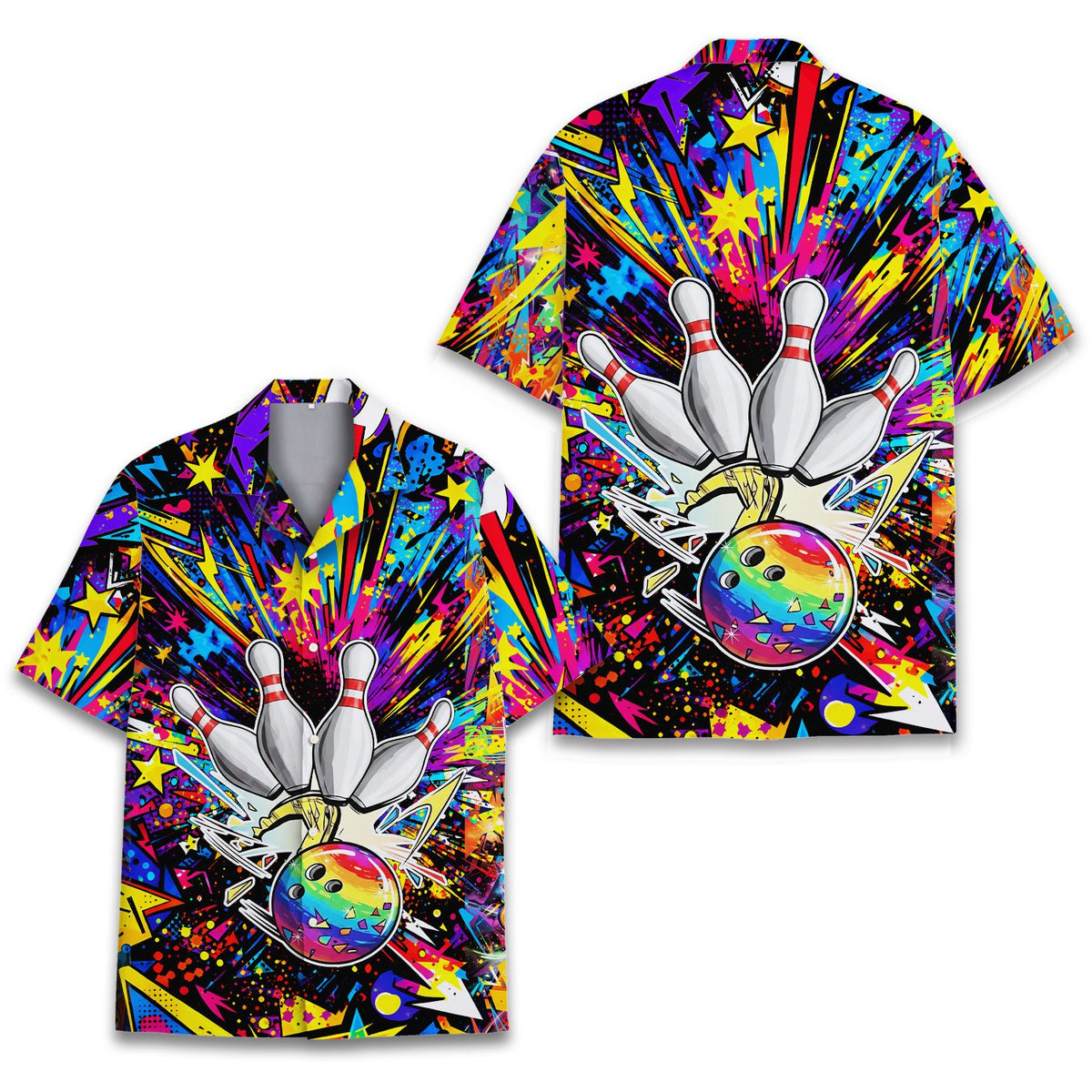 Close up front view showing the detailed stars and shapes on the bowling hawaiian shirt