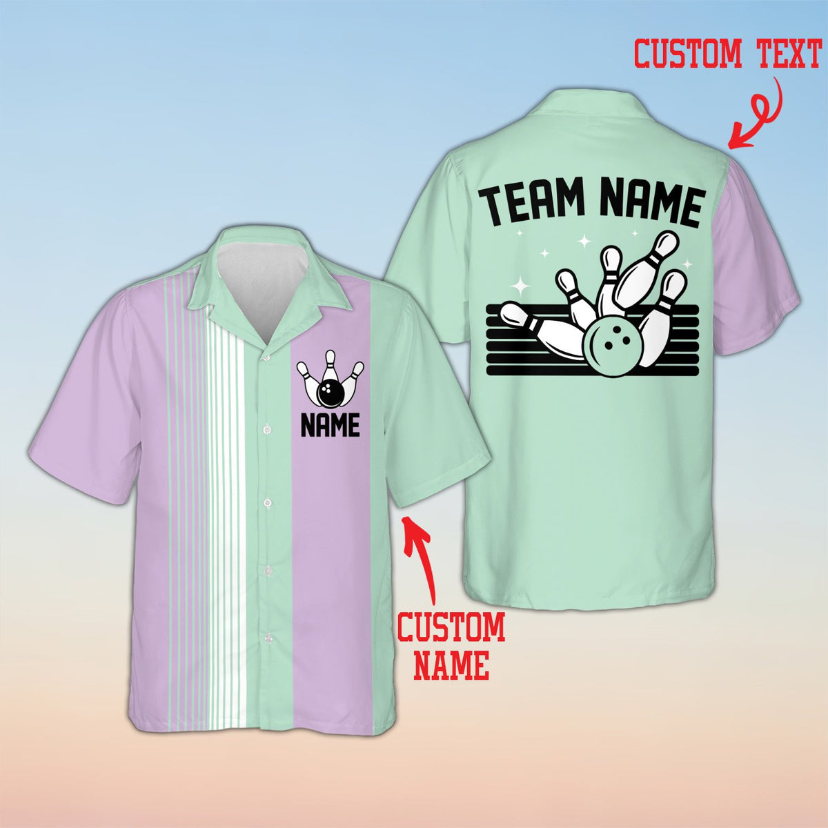 Personalized bowling hawaiian shirt with multicolor stripes and custom name, front view 4