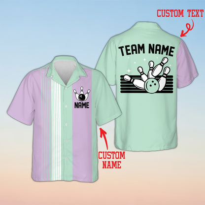 Personalized bowling hawaiian shirt with multicolor stripes and custom name, front view 4