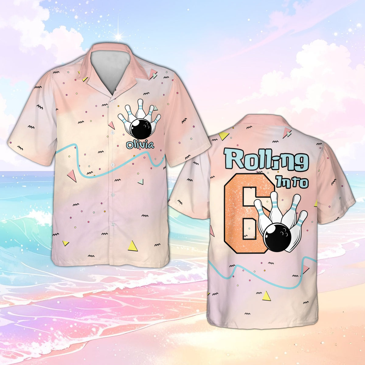 Close-up front view of the retro pastel personalized hawaiian shirt