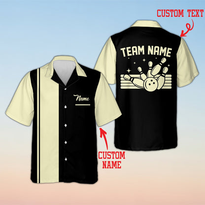 Front view of custom bowling hawaiian shirt featuring yellow and black split stripes