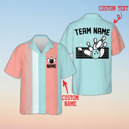 Personalized bowling hawaiian shirt with multicolor stripes and custom name, front view 5