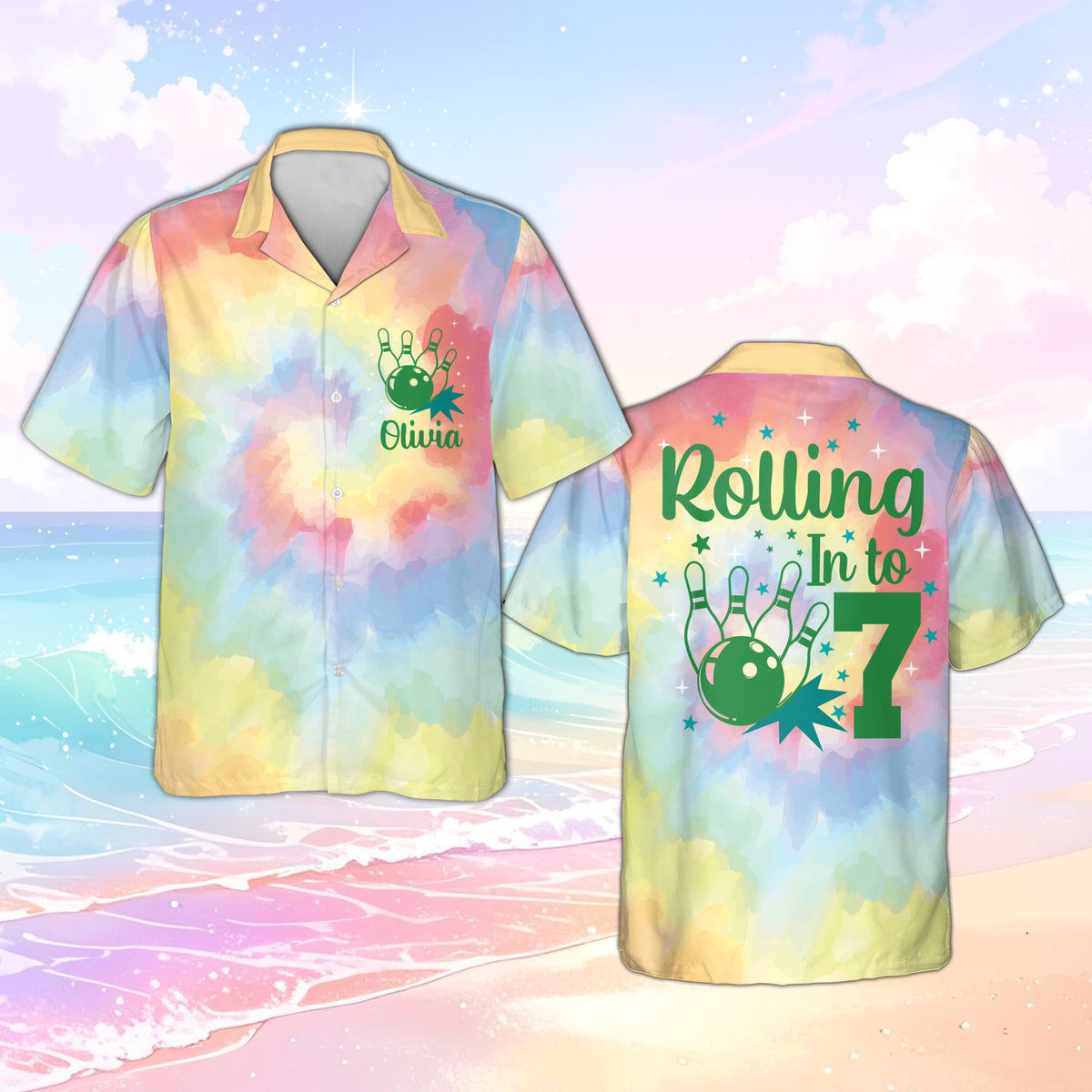 Full front view of the bright multicolor tie-dye bowling shirt