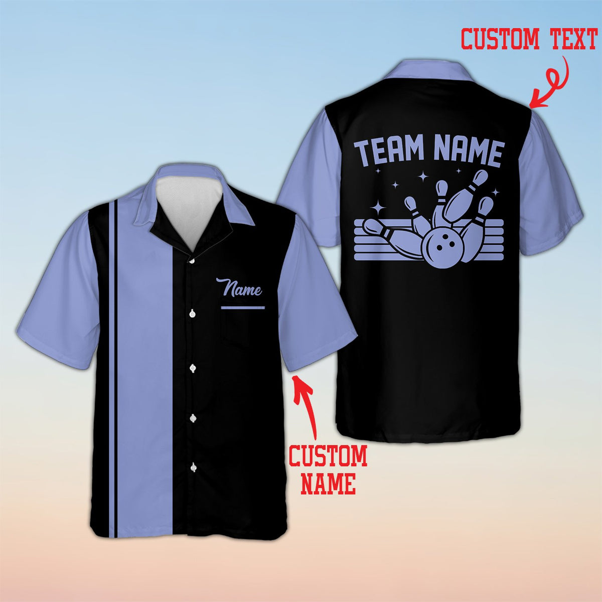 Front view of custom bowling hawaiian shirt featuring purple and black split stripes