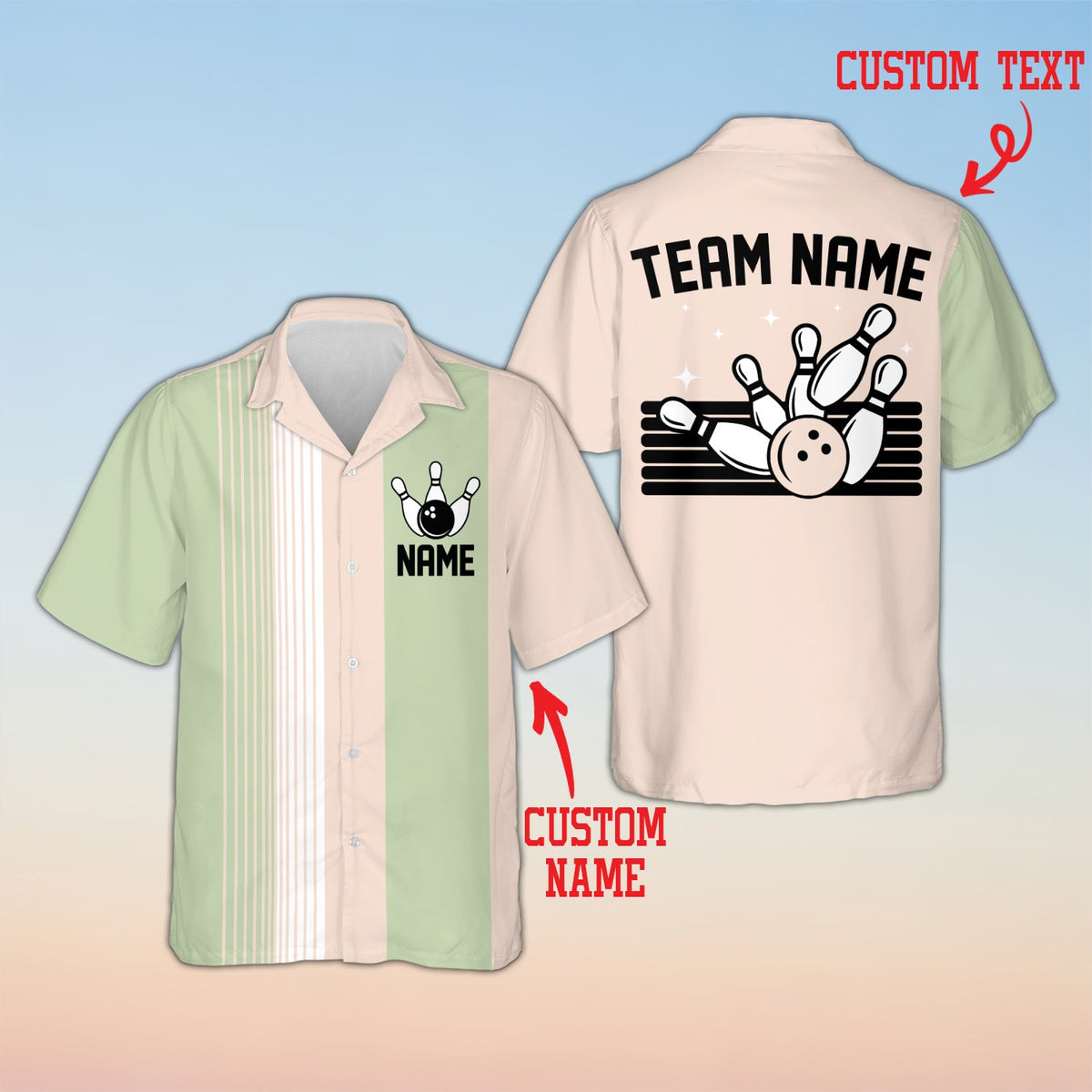 Personalized bowling hawaiian shirt with multicolor stripes and custom name, front view 6