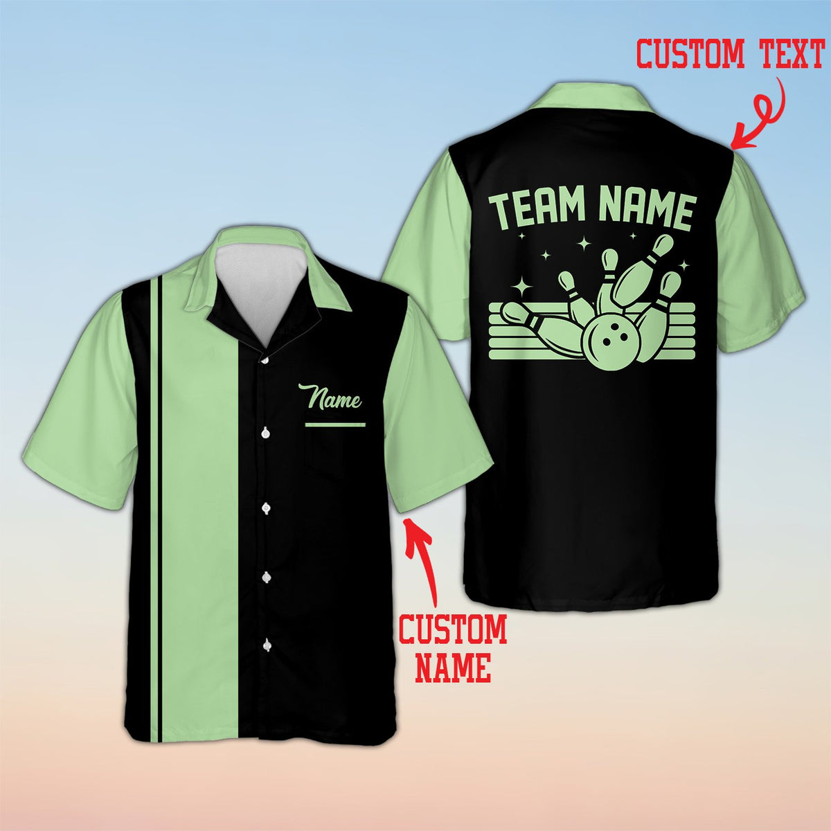 Front view of custom bowling hawaiian shirt featuring light green and black split stripes