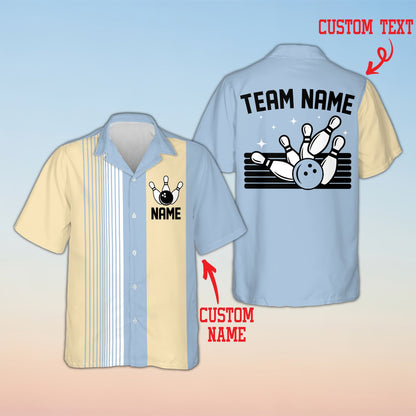 Personalized bowling hawaiian shirt with multicolor stripes and custom name, front view 7