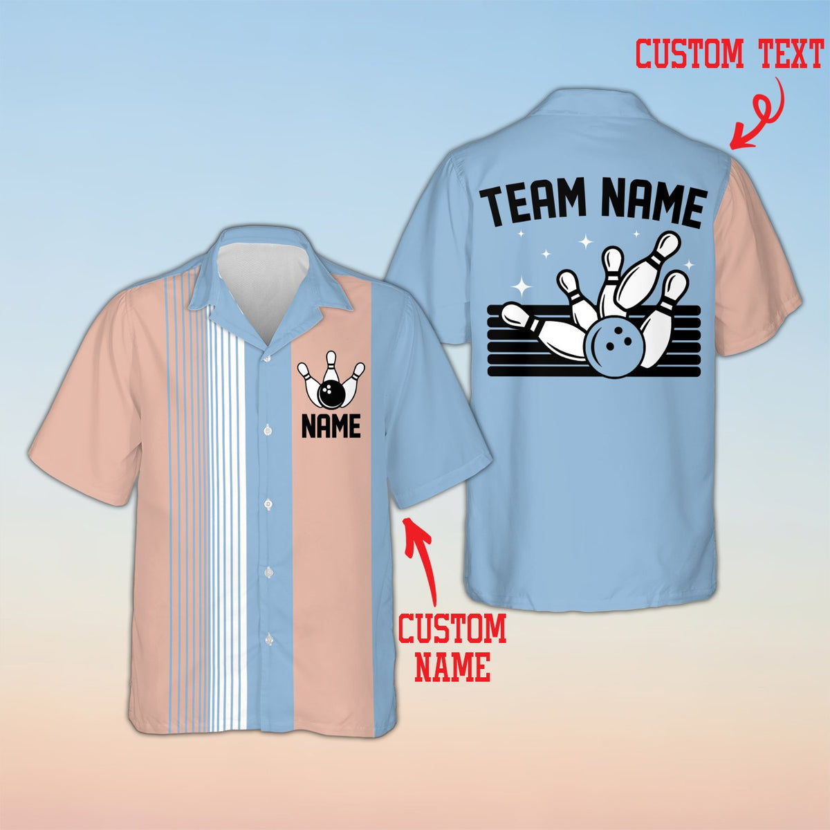 Personalized bowling hawaiian shirt with multicolor stripes and custom name, front view 8