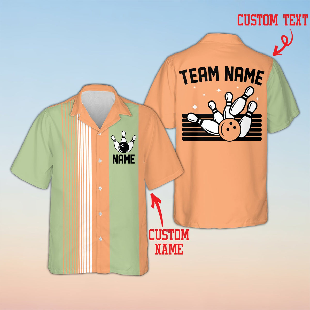 Personalized bowling hawaiian shirt with multicolor stripes and custom name, front view 9