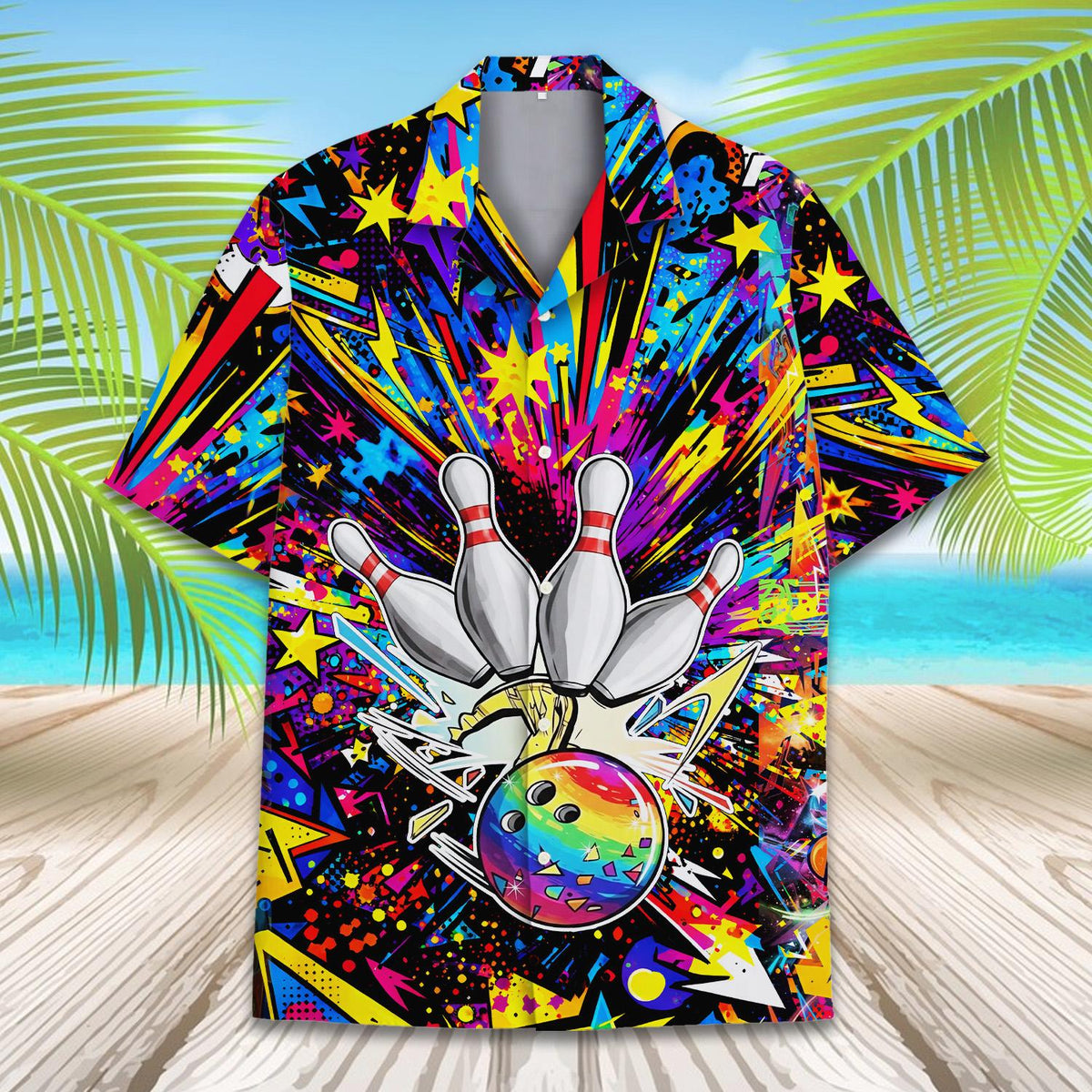Main view of the neon abstract bowling hawaiian shirt featuring a colorful ball and pins