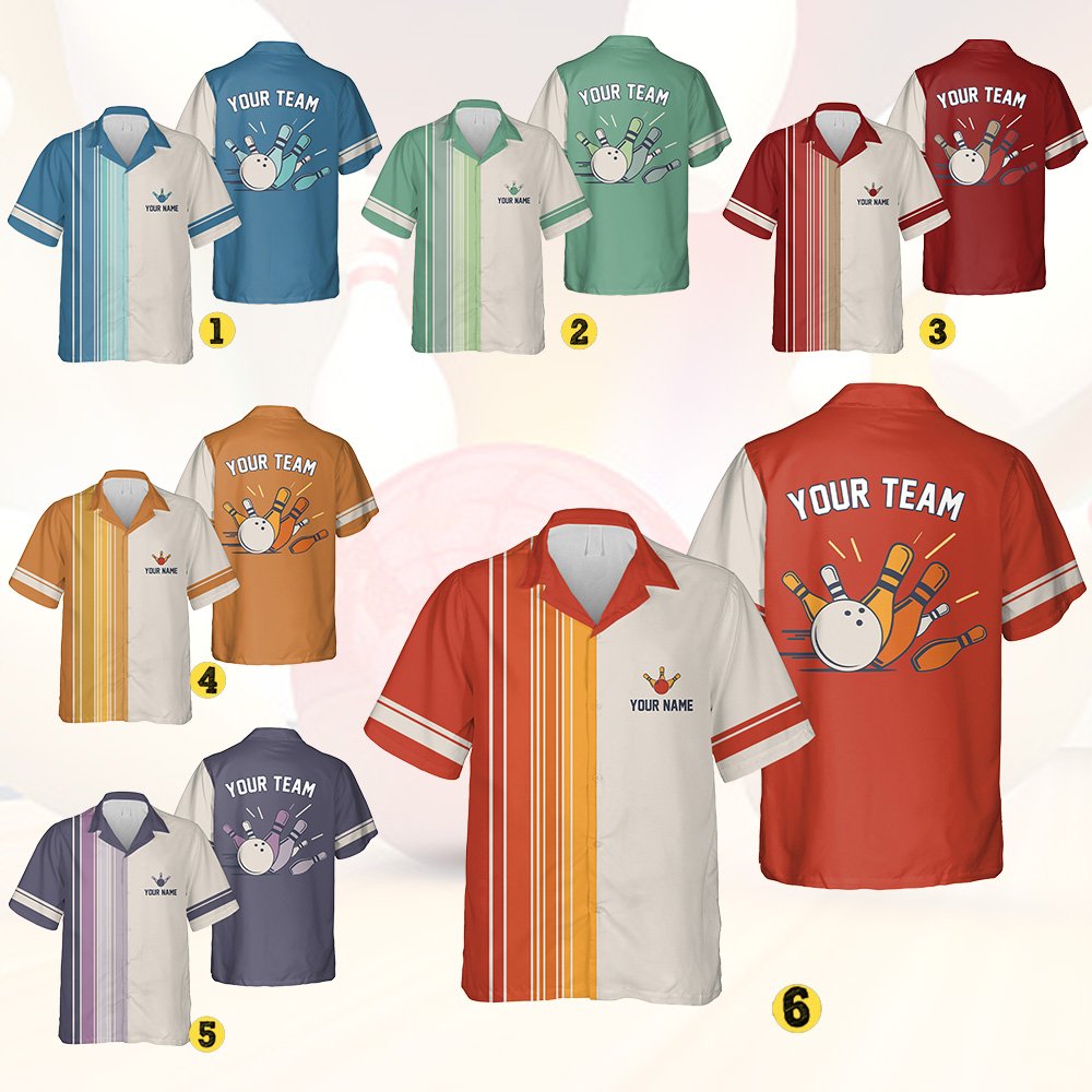 Multicolor retro bowling hawaiian shirt with color block stripes, front view