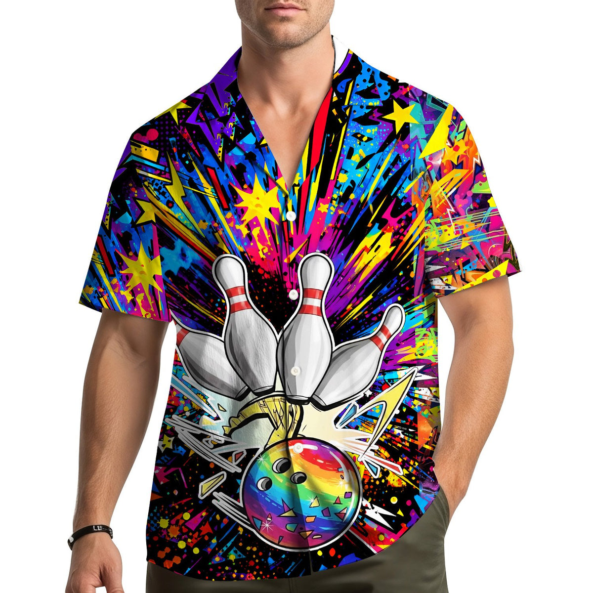 Another lifestyle view showing the bowling hawaiian shirt as part of matching family outfits