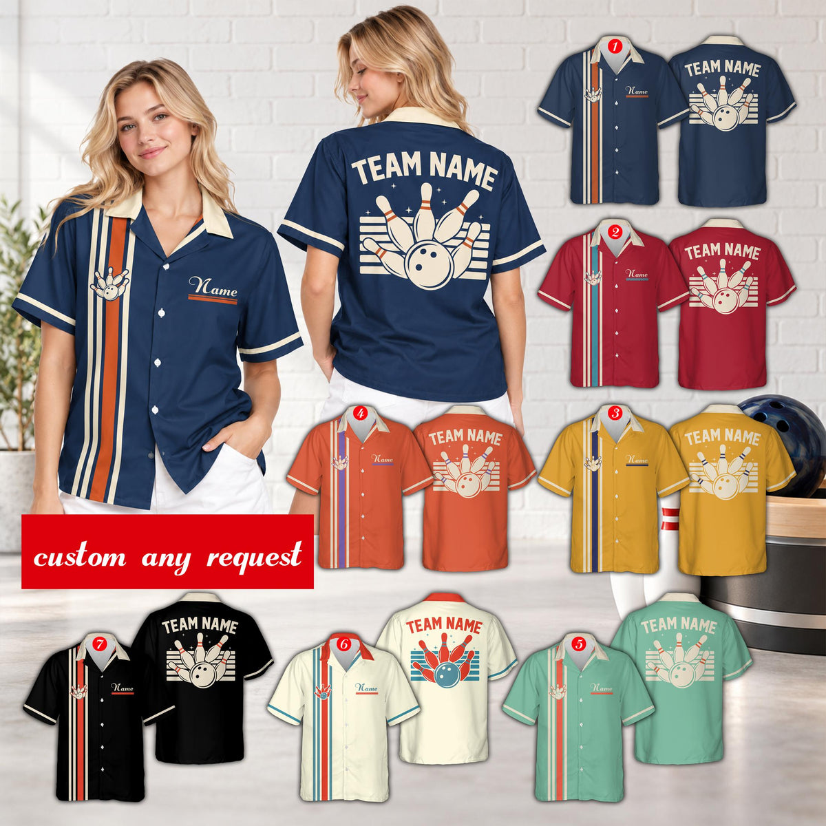 Lifestyle view of a group wearing matching family hawaiian shirts in various colors